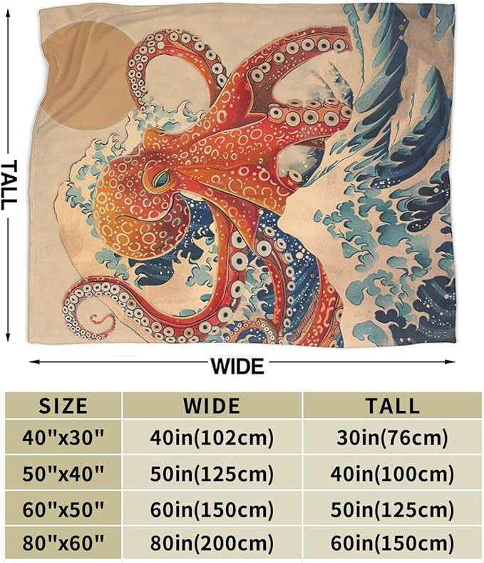 Japanese Octopus Throw Blanket Rustic Octopus Fleece Plush Super Soft Cozy Warm Lightweight Ocean Nautical Decor Gifts for Boys Girls Kids Adults Men Women 40" x 50"