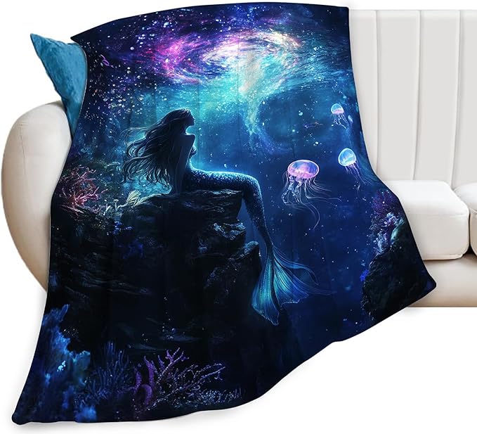 Mermaid Blanket, Blue Ocean Throw Blanket, Underwater Jellyfish Gifts Blankets Stuff Fleece Flannel Plush for Girls Women Men Boys Lovers Adults Soft Bedding Gift for Sofa Bed Office Decor 60"x50"