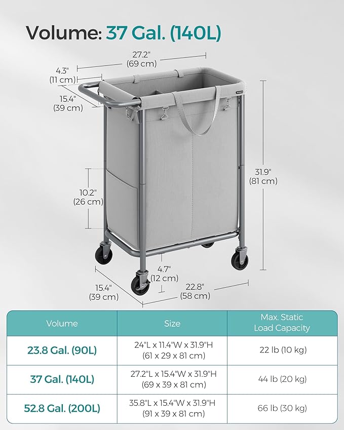 SONGMICS Laundry Basket with Wheels, 2-Section Rolling Laundry Hamper, 37 Gallons (140 L), Removable Liner, Steel Frame with Handle, 27.2 x 15.4 x 31.9 Inches, Dove Gray URLS004G01