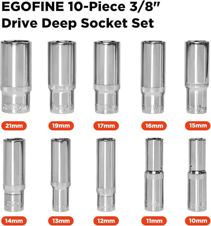 Egofine 10PCS 3/8” Drive Deep Socket Set,Metric Socket Set（10-21mm,6 Point Socket Set With Hanging Bracket,Cr-V Steel
