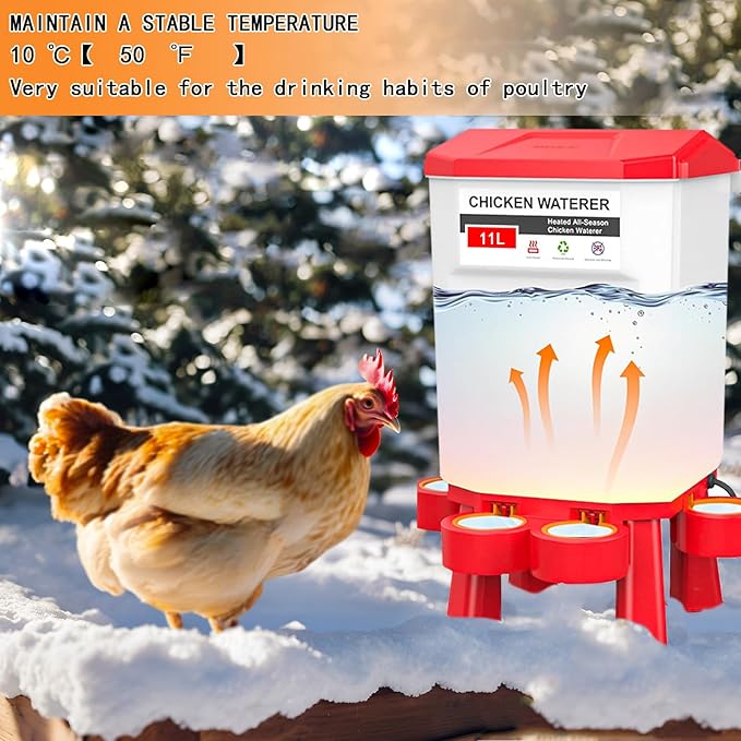 FXiaoy Heated Chicken Waterer, Automatic Poultry Waterer, 11L (Red, 11L)