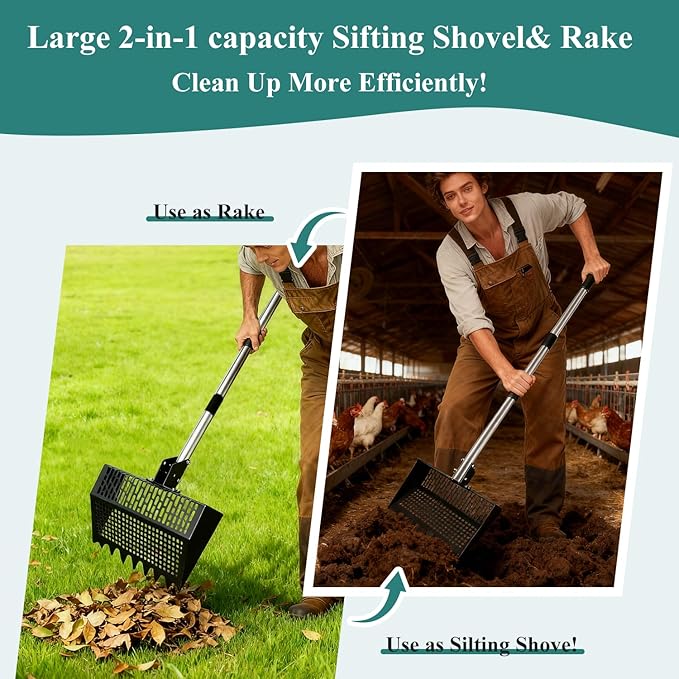 Chicken Poop Scooper and Rake 2-in-1 12” Wide Metal Coop Scoop for Sand Sifting Shovel with 22" to 62” Adjustable Stainless Steel Handle Cleaning Tools for Chicken Coops & Farm Animals Scoop