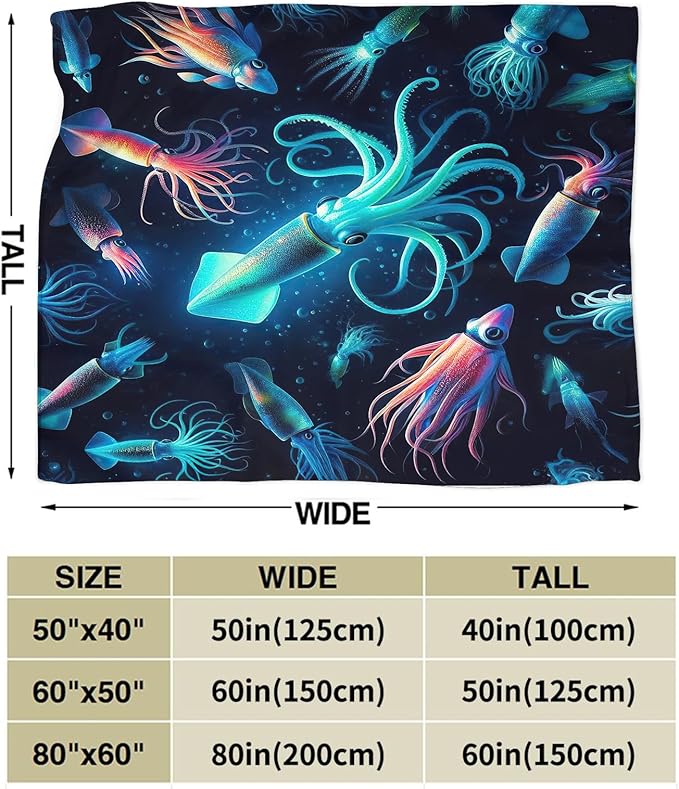 Squid Blanket Decor Gifts for Squid Lovers Flannel Fleece Fuzzy Throw Blanket Soft Warm Cozy Plush Ocean Animal Blanket for Bed Couch Living Room Stuffed Decoration for Kids Adult 80"x60"