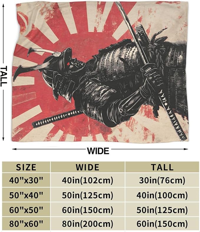 Japanese Samurai Throw Blanket Asian Warrior Flannel Blankets Japan Bushido Fuzzy Plush Super Soft Cozy Warm Decor Gifts for Boys Girls Kids Adults Men Women 60" x 80"
