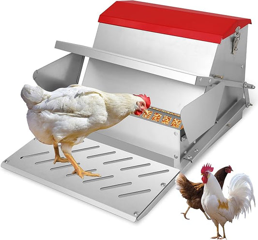 Large Automatic Chicken Feeder-25lb Metal Treadle Chicken Feeder No Waste, Rat Proof Poultry Feeder with Sturdy Galvanized Steel Build & Weatherproof Locking Lid for Duck, Fowl, Pheasants Outdoor Use