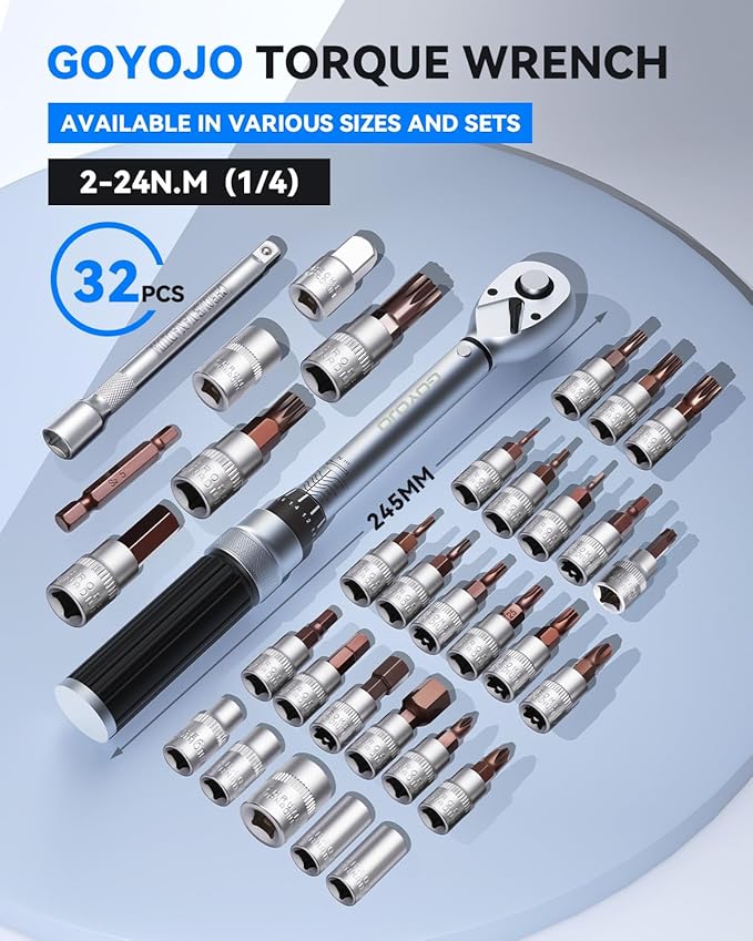 GOYOJO 32-Piece Torque Wrench Set, Chrome Vanadium Steel, 2-24 N.m - Includes 1/4" & 3/8" Sockets, T10-T40, M5-M8, H2-H8, PH1-PH3 Bits, 1/4" 4-Inch Extension - Versatile for Automotive, Cycling & DIY