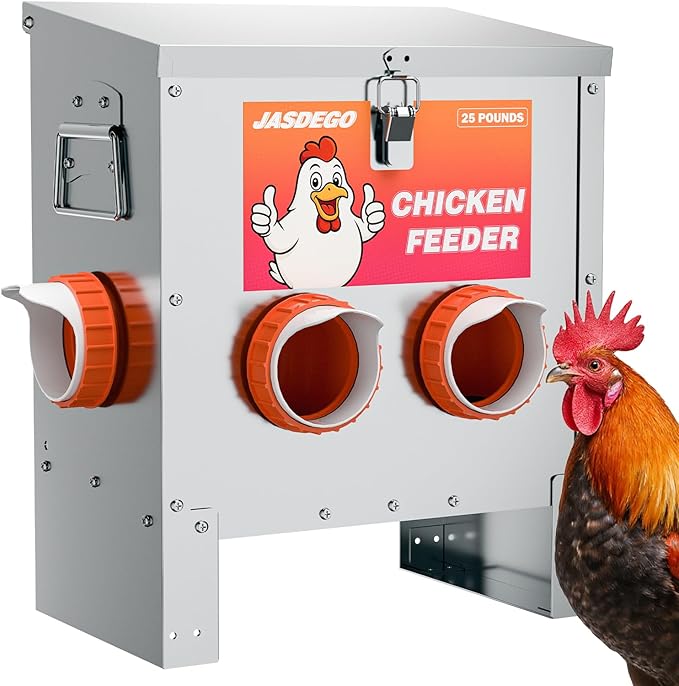 4 Ports Metal Chicken Feeder No Waste 25 Pounds Automatic Poultry Feeder with Latch & Handle for Chickens Bantams Pheasants Poultry Coop Rodent Proof