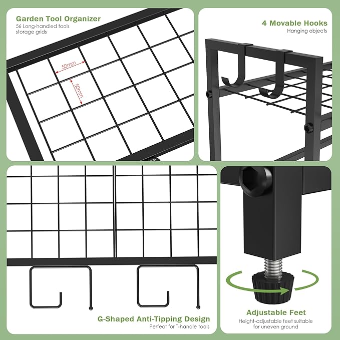 Garden Tool Organizer for Garage, Yard Tool Rack, Holds Up to 64 Long-Handled Tools, Black Metal Garden Tools Rack Storage with Hooks for Yard Shed Garage Organization