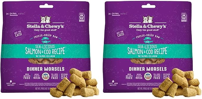 Stella & Chewy's Freeze-Dried Raw Cat Dinner Morsels - Premium Salmon & Cod Recipe with 98% Wild-Caught Fish & Organs - Natural Grain-Free Cat & Kitten Food - Made in USA - 18 oz (Pack of 2)
