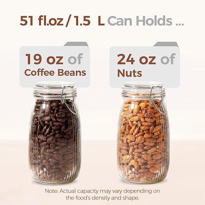 ComSaf Airtight Glass jar with lid 51oz Set of 3, Glass Storage Containers with Lids, Large Glass Canister, Striped Clip Fastening Jar for for Canning, Flour, Pasta,Coffee Beans, Cereal, Rice, Pickle