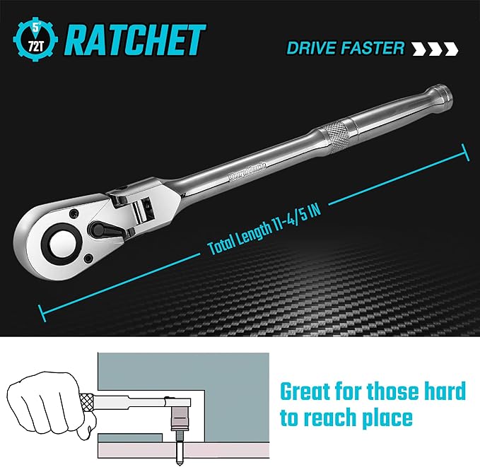 DURATECH 1/2" Drive Flex-Head Ratchet, 72-Tooth Ratchet Wrench, Quick-release, Reversible Switch, Full-Polished Chrome Plating, Alloy Steel
