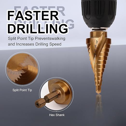 COMOWARE 3PCS M35 Cobalt Step Drill Bit Set with 1/4" Hex Shank, Automatic Center Punch, Two-Flute Impact Design, Ideal for Metal, Stainless Steel, Wood, Plastic