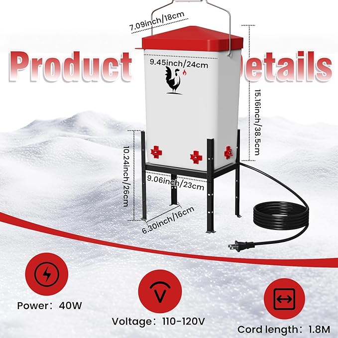 Heated Chicken Waterer, 3.2 Gallon Chickens Poultry Waterer with Nipples, Height Adjustable & Detachable Stand, All-Season Chicken Coop Waterers, Chicken Water Heater (12L, Red Cover)