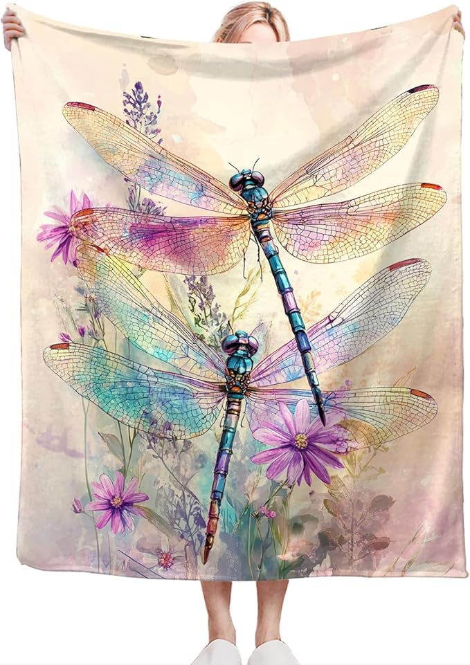 Dragonfly Blanket, Dragonfly Throw Blanket, Floral Animal Fuzzy Plush Blankets Ultra Soft Gift for Women Kids Teens Men Girls Boys Stuff Decor for Home Bedding Sofas Couch 60"X50"