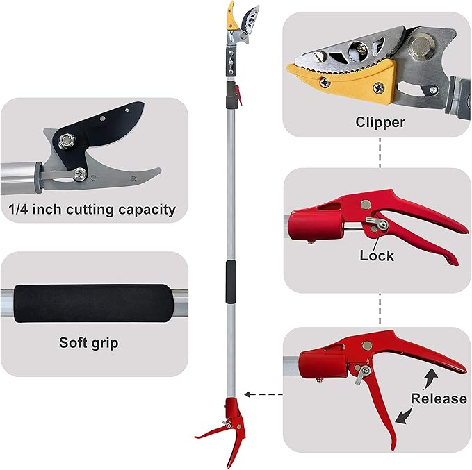 Telescopic Tree Trimmer 5.8-10 FT with 2 Section, 4 Node Adjustable, Cut and Hold Pruner, Pole Saw Extendable, Long Handle Fruit Picker, Branch Cutter, Loppers, Clippers With Hook