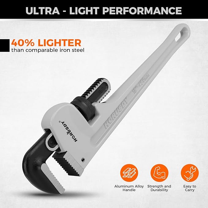HORUSDY 18-Inch Pipe Wrench, Aluminum Heavy-Duty Adjustable Plumbing Wrench, 450mm, 1/2"–2" Pipe Capacity, Strong Grip & Durable, Lightweight Gray for Professionals & DIY