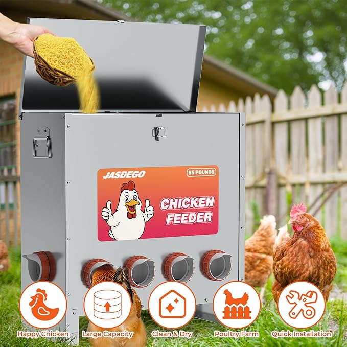 Metal Chicken Feeder No Waste 10 Ports Automatic Poultry Feeder Large Capacity 85 Pounds with Latch & Handle for Chickens Bantams Pheasants Poultry Coop Weatherproof