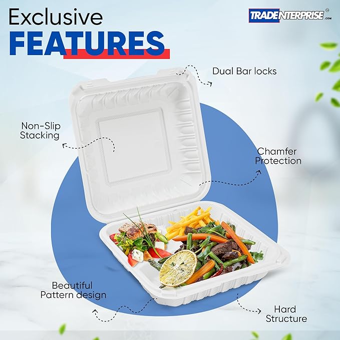 To Go Food Containers, Reusable 150 Pack 8 Inch 3 Compartment White Clamshell Take Out Food Boxes MFPP Meal Prep Container BPA Free Microwave Freezer Safe Plastic Hinged 34 OZ