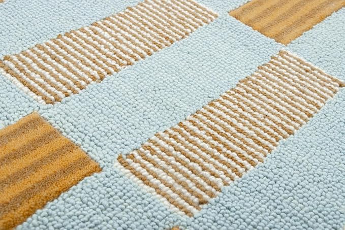 Hand-Tufted Wool Rug with Scalloped Edges, Light Blue Plaid Pattern, Cozy Soft Area Rug for Living Room, Bedroom, and Nursery, Handmade Modern Accent Rug, 2.5x12 Ft (Runner)