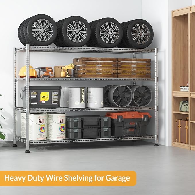 Himimi Storage Shelves with Wheels, 4-Tier Heavy Duty Steel Wire Rack Storage Shelving, Adjustable Metal Storage Shelves for Garage Kitchen Pantry Bathroom Laundry 18" D*60" W*72" H, Silver