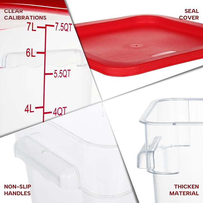 4 Pack Food Storage Containers, 8 Quart with Lids, Square Commercial Containers with Scale, NSF, Polycarbonate, Clear