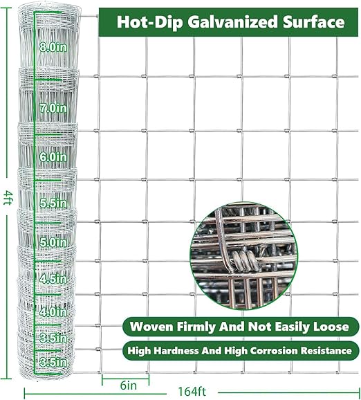 Cattle Panel for Deer Fence, Goat Fence, Cattle Fence - 4ft x 164ft 14Gauge Heavy Galvanized Wire Panels for Sheep, Poultry and Garden Protection, Field Fence Roll, Livestock Yard Barrier