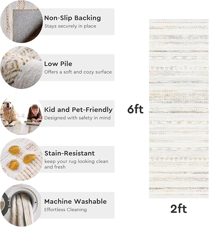 2x6 Runner Rug Machine Washable Non Slip Area Rug Distressed Neutral Moroccan Boho Rug Ultra Soft Floor Runners for Hallways for Entryway Laundry Room Kitchen, Multi-Color