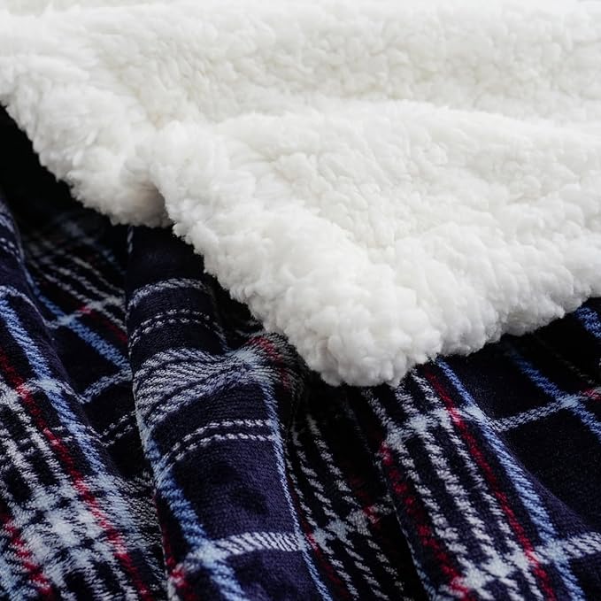 PU MEI Sherpa Fleece Throw Blanket 80" x 90" Reversible Plush Fluffy Large Big Blanket Lattice Flannel Blankets for All Season Use, Navy Blue Check