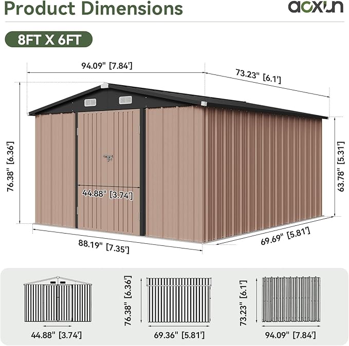 Aoxun 6' x 8' Storage Shed Outdoor Steel Garden Utility Cabinet with Lockable Door Waterproof & Rust-Proof for Yard, Patio, Backyard, Garden (Brown)