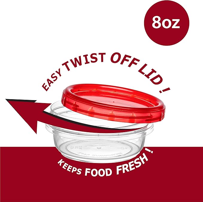 (8 Ounce 10 Pack) Twist cap Containers Clear Bottom With Red Top Screw on Lids Twist Top Food Storage Freezer Containers