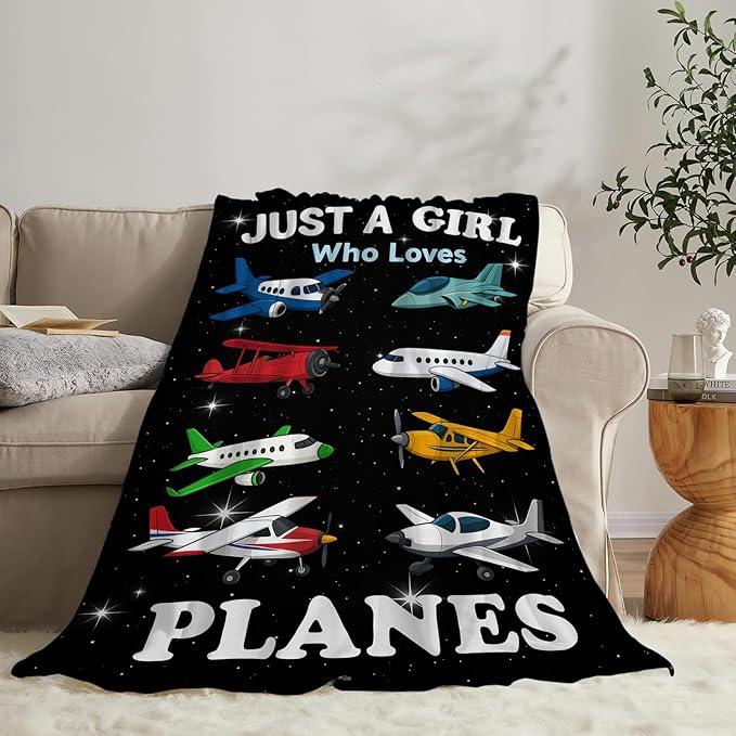 Airplane Fleece Blanket Pilot Plane Travel Throw Blankets for Girls Women Super Soft Warm Flannel Cartoon Flight Throws Gifts for Kids Adults Cozy Fuzzy Plush Stuffed Couch Bed Bedding Decor 50"X40"
