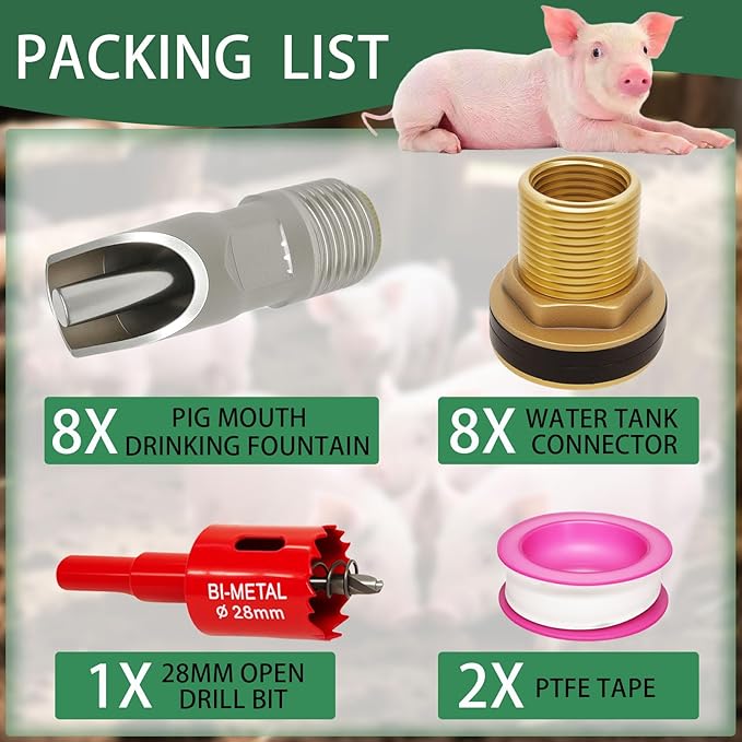 8Pcs Pig Nipple Waterer for Barrel Kit, Automatic Hogs Drinker Feeder with Stainless Steel Pig Water Nipple & Brass Water Tank Connectors & Hole Opener for Hog Sows Piglets Swine
