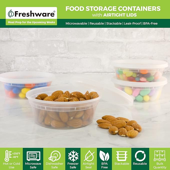 Freshware Food Storage Containers [50 Set] 8 oz Plastic Deli Containers with Lids, Slime, Soup, Meal Prep Containers, BPA Free, Stackable, Leakproof, Microwave, Dishwasher and Freezer Safe