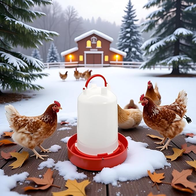 Heated Chicken Waterer for Winter 6L/1.5Gallon, Thermostatically Controlled Heated Poultry Waterer, Red Plastic Water Dispenser with Heater for Chicks Ducks Livestock