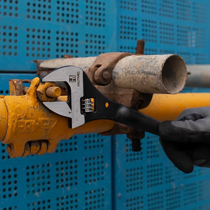 HAUTMEC 16 inch Adjustable Spud Wrench, Wide Jaw Up to 1-5/8"(41mm), Adjustable Spud Wrenches with Tail Pry Bar Features, Black Oxide Finish, Forged CR-V Steel Metric & SAE Scales with Tether Hole