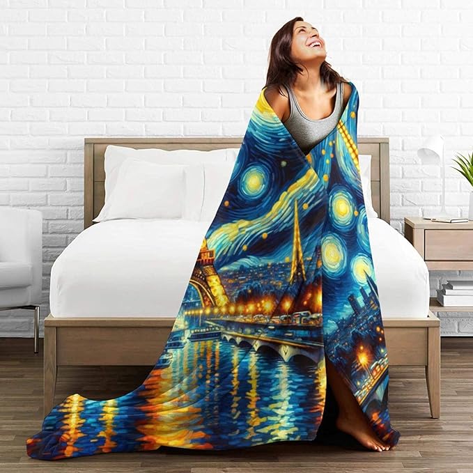 Eiffel Tower Blanket Starry Night Throw Blanket Soft Warm Cozy Fuzzy Plush Paris Throw Blanket Gifts for Girls Women Eiffel Tower Stuff Lightweight Fleece Flannel Gift Blankets for Kids Adults 60"X80"