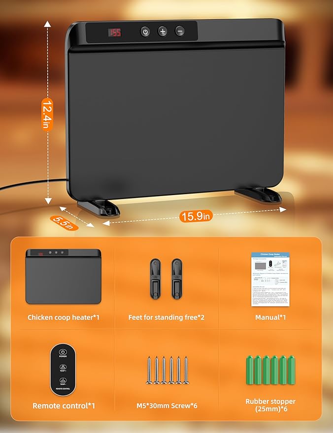 Smart Chicken Coop Heater with Efficient Thermostat, Compatible with Timers & Temp Controllers, 200W Safe Inside Radiant Flat Panel Warmer, Remote-Adjustable for Pets & Animals in Winter