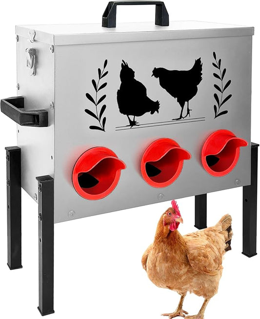Chicken Feeders, 30 lb Capacity 6 Port Automatic Chicken Feeder, Metal Chick Feeder with Locking Lid and Legs, Chicken Feeder for Chickens, Ducks, Geese，Silver