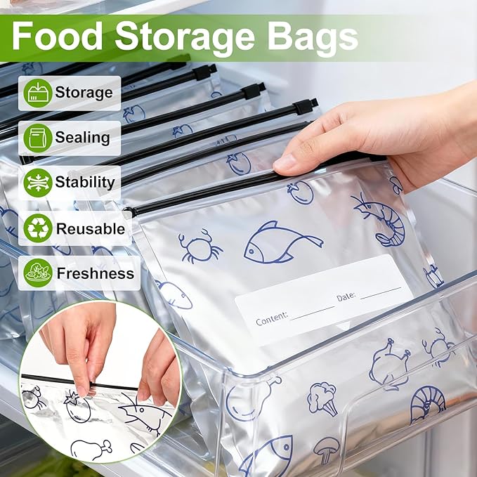 Reusable Aluminum Foil Sealable Storage Bags, 2025 New Stand Up Foil Sealable Bags for Food, Resealable Vacuum Zipper Pouches with Label and Zip Lock for Fruit Vegetable Meat (30, Small)