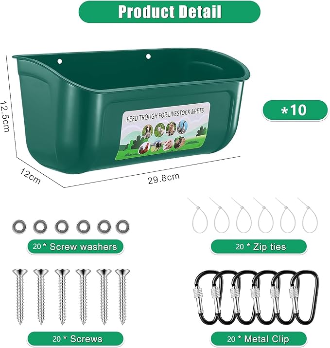 Chicken Feeder Waterer, 10 Pack Duck Feeder Supplies, Hanging Fence Feed Trough with Clips for Goat, Sheeple, Piglet, Gooses, Turkeys, Dog Livestock Poultry,Green