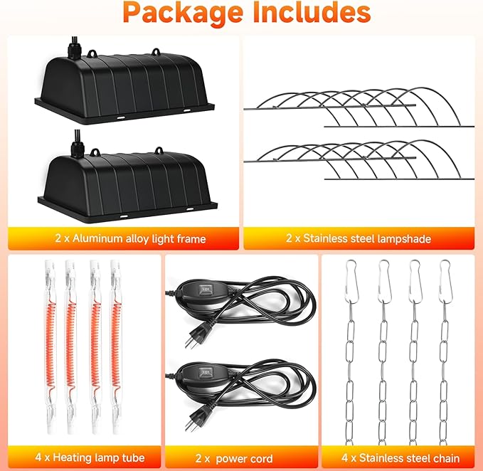 Chicken Coop Heater Lamp, Carbon Fiber Heat Lamp with 175W and 250W Bulbs, Brooder Heater with Guard, Ideal for Poultry, Livestock & Small Pets (2 pc Black Lamp(2 Light Frame + 4 Lamp Tubes))