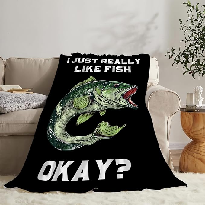 Fish Blanket Super Cozy Soft Bass Fishing Throw Blanket Gifts for Fisherman Men Warm Plush Fluffy I Just Really Like Fish Stuff Gifts Fleece Flannel Gift Blankets for Kids Adults 80"X60"