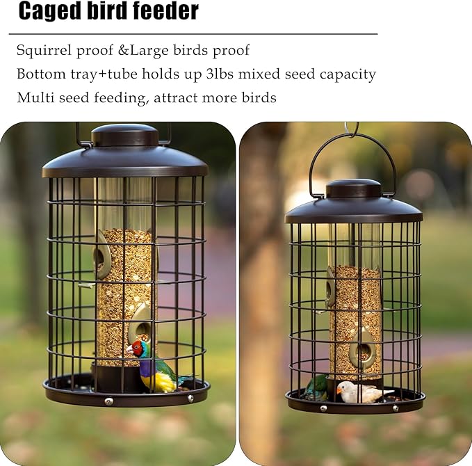 Caged Bird Feeders Metal - 3 Lbs - Squirrel-Proof Wild Bird Feeders, Clear Tube Feeders Hanging Outside Starling Proof, Detachable Cleaning, 4 Feed Ports(Copper)