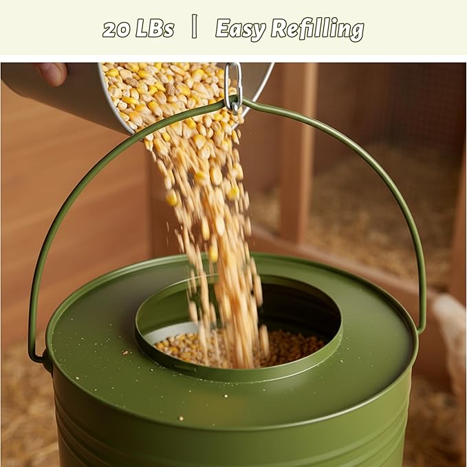 Hanging Chicken Feeder – 20lbs Metal Chicken Feeder, Adjustable Poultry Feeder with 12 Ports, No Installation & Universal Height Design (Avocado Green, 20lbs)