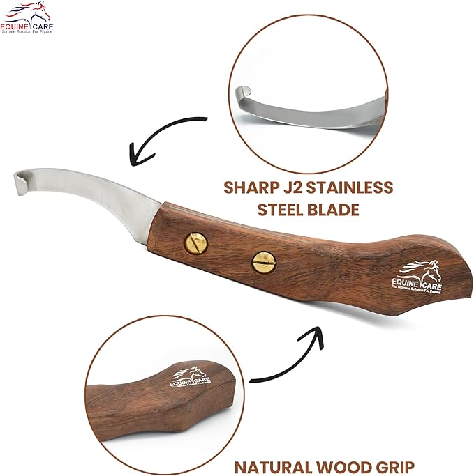 Equine Care Right-Handed Hoof Knife – Ultra-Sharp J2 Steel Blade | Professional Farrier Hoof Knife & Horse Hoof Trimmer | Ergonomic Wooden Handle for Horses & Livestock Hoof Care