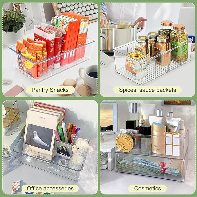 Snack Organizer for Pantry Shelf, 2 Pack Clear Plastic Pantry Storage Bins with 3 Dividers for Snacks, Spices, Chips Food Organizer, Stackable Pantry Organizers for Kitchen, Fridge, Cabinet