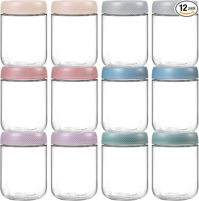 NETANY 12-pack 16oz Glass jars with Airtight Lids, Overnight Oats Containers with Lids, Wide mouth Mason Salad jars, Glass Food Storage Containers for Snacks Yogurt Spice Sugar