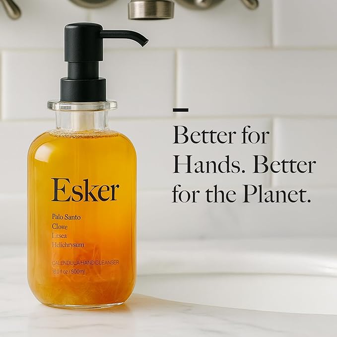 ESKER Calendula Hand Cleanser – Luxury Plant-Based Foaming Hand Wash | Calendula & Essential Oils in Reusable Glass Bottle – Plant-Based • Cruelty-Free • Sulfate-Free • 16.9 fl oz