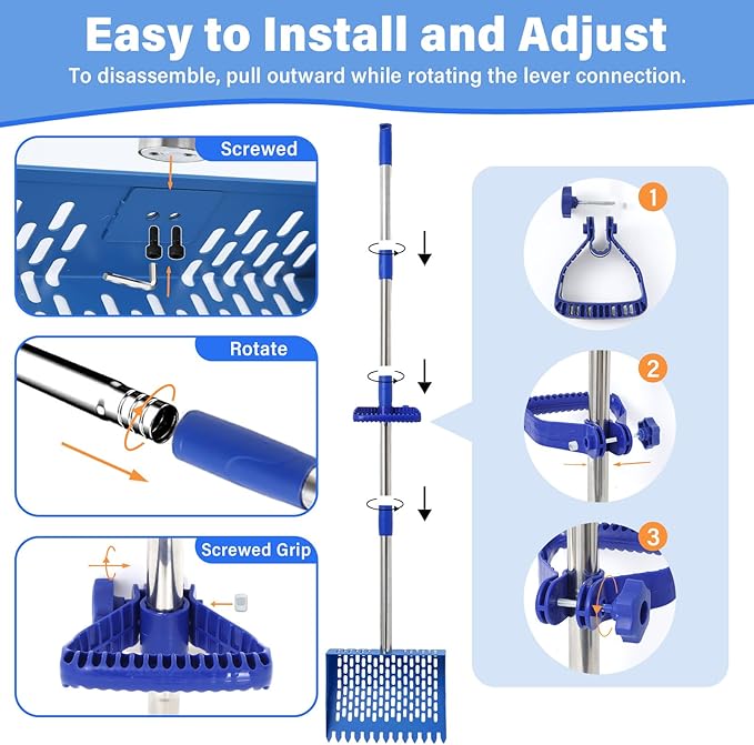 2 in 1 Chicken Poop Scooper & Rake, 10 Inch Sand Sifting Shovel with 35" to 62" Adjustable Stainless Steel Handle, Durable Litter Cleaner with Ergonomic Grip Gloves for Chicken Coop Farm Animal(Blue)