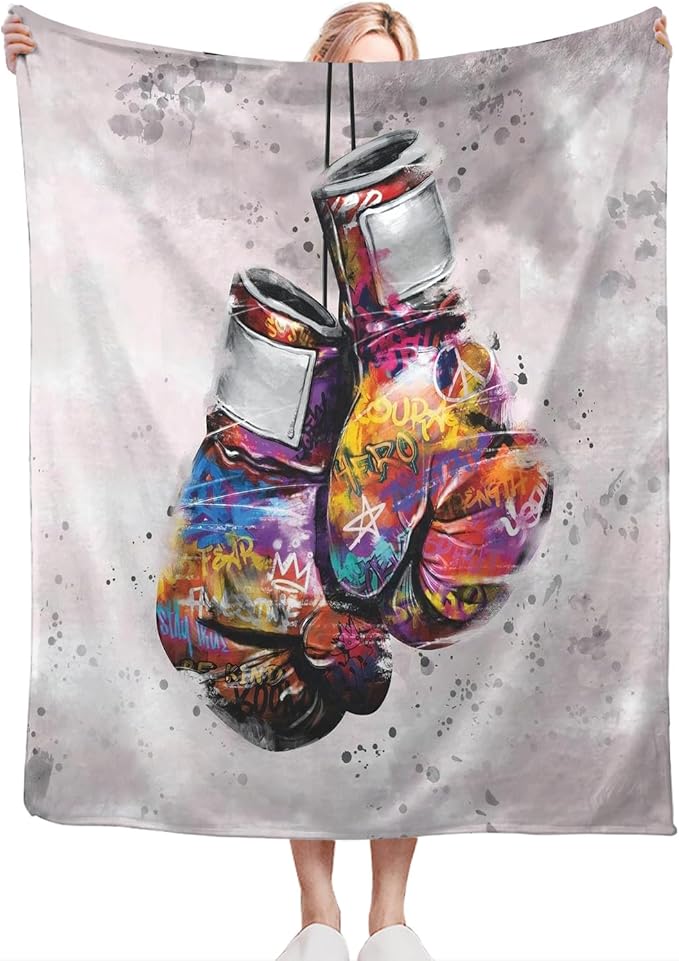 Boxing Blanket Gifts for Boys Men Soft Warm Plush Banksy Graffiti Boxing Gloves Sport Throw Blanket Flannel Fleece Fuzzy Sports Theme Blanket for Adults Lovers Bed Couch Living Room Decor 60"X50"